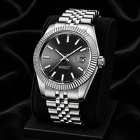 Montre mécanique pour homme avec logo personnalisé OEM ODM, acier inoxydable, lunette cannelée, cadran noir, affichage de la date, montre-bracelet de luxe pour affaires