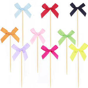 Bow Shaped Cake <b>Toppers</b> Fabric Decorations For <b>Birthday</b> Party Dessert Decor 8 Colors Wooden Stick - Product Image 2