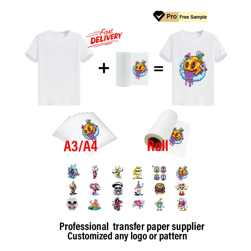 Échantillon gratuit de la Chine fournisseur A4 A3 taille sublimation film de transfert PET logo personnalisé DTF transfert de chaleur papier d'impression pour t-shirt