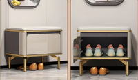 Meuble à chaussures de luxe léger avec plateau en pierre frittée, portes cannelées et banc à chaussures assorti pour l'entrée