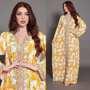 2023 islam nakış son ramazan Eid sarı baskı uzun elbise müslüman kadın robe v yaka nakış yaz üreticileri