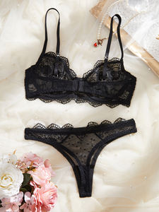 Set Intimo Sexy Due Pezzi <span class=keywords><strong>Nero</strong></span> Floreale Trasparente Ricamato con Reggiseno Push-up con Ferretto e Slip a Vita Bassa con Spalline Regolabili e Perizoma - Product Image 3