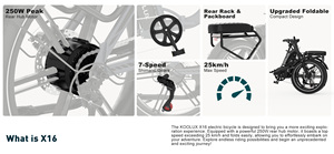 Vélo électrique de ville pliable KOOLUX X16 20 pouces, batterie lithium 48V 15.6AH, moteur arrière sans balais, pneus larges, 25 km/h, 7 vitesses, freins à disque - Product Image 3