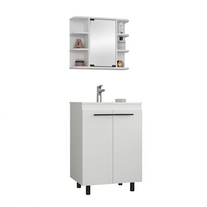 Ensemble de salle de bain blanc avec armoire miroir et vasque, design minimaliste pour le rangement et l'organisation de la salle de bain - Product Image 1