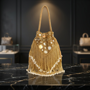 Pochette de soirée trapèze dorée perlée avec franges de perles, faite à la main, à ouverture facile, élégante pour les soirées - Product Image 3