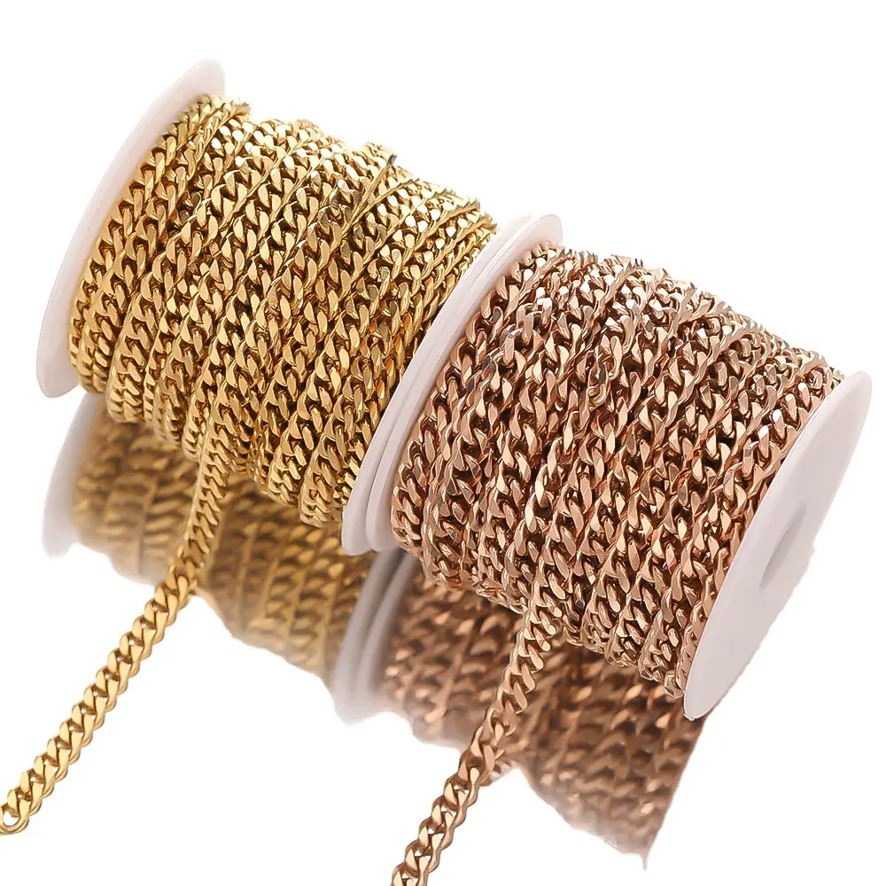 Stainless Steel Gold Color Cuban Chain Bulk DIY Jewelry Making Hiphop Necklace Findings Bracelet Accessories