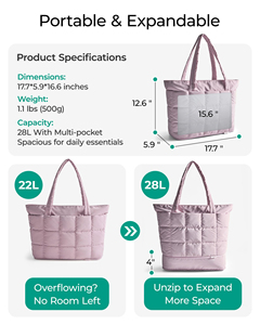 Large Shopping Bag with Expandable Design Puffer Travel Tote Bag for Work Yoga Gym Hand Bag - Product Image 2
