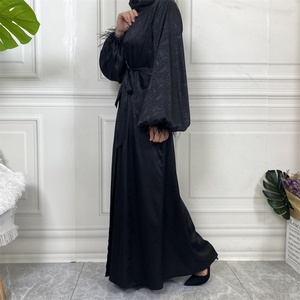 1950# New Arrival Printed Satin Open Abaya With Feather Cuff Long Sleeve Abaya Kimono With Belt 7 Colors - Product Image 4