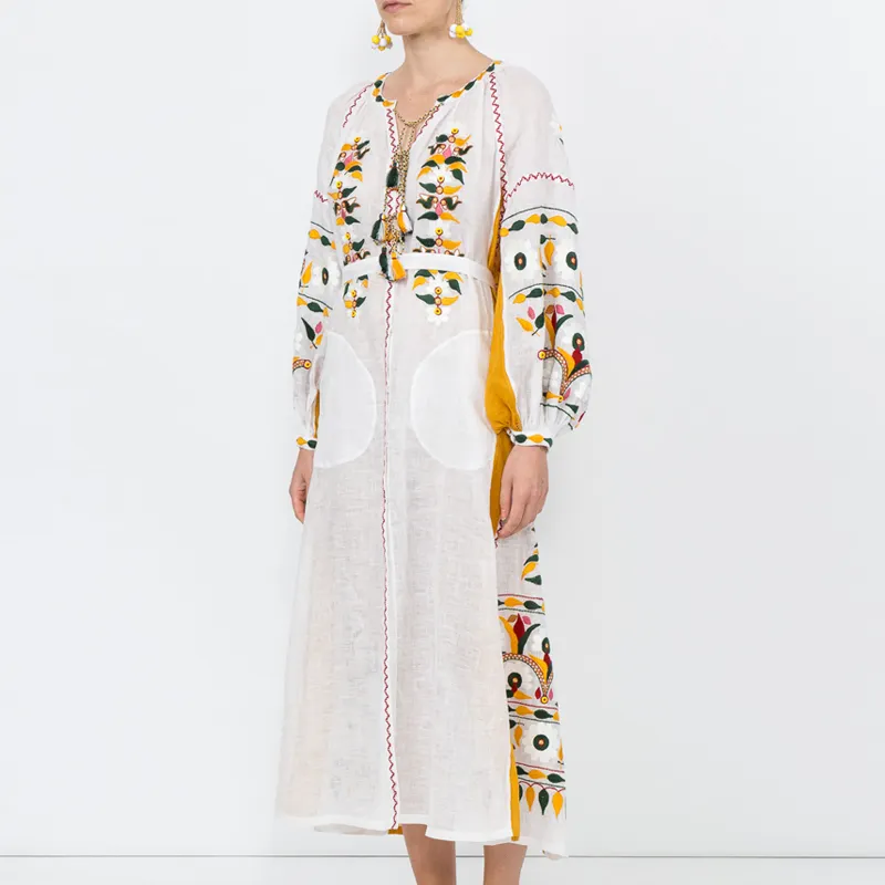 थोक महिला वस्त्र द्वीप बोहो काफ्टन लंबी आस्तीन सूती लिनन कपड़े महिला सुंदर ग्रीष्मकालीन कपास आकस्मिक मैक्सी पोशाक
