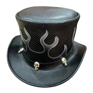 Sombrero de Cuero Negro para Hombre, Estilo Gótico Steampunk, con Calavera y Llamas, Estilo Vaquero Occidental, para Motociclistas, Festivales, Disfraces, Hecho a Mano, Estilo Punk - Product Image 1