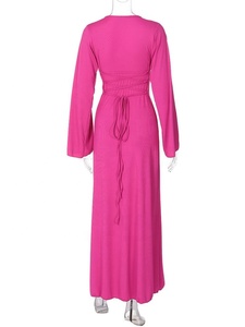 Abito Lungo Largo in Maglia con Scollo a U, Maniche Lunghe a Pagoda, Tinta Unita, Allacciatura Frontale, Vestito da Festa per Donne - Product Image 6