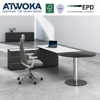 Bureau de direction de luxe ATWOKA en forme de L avec extension de réunion en verre rond et crédence de rangement verrouillable