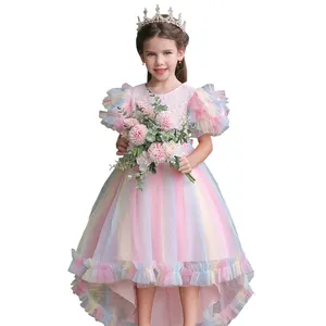 Шикарные тюлевые розовые пышные рукава с блестками, с круглым вырезом и молнией на спине, цветочные платья для девочек с бантом