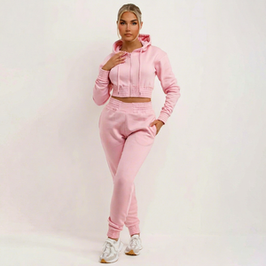 Conjunto Deportivo para Mujer, Color Rosa, con Capucha, Transpirable, Estilo Urbano, Manga Larga, Cierre con Cordón, Color Sólido, Sudadera y Pantalones Casuales - Product Image 1