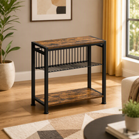 Table d'appoint étroite à 3 niveaux pour petits espaces, porte-revues, table de chevet, table de canapé pour collations (marron rustique noir) avec structure métallique et plateau en bois