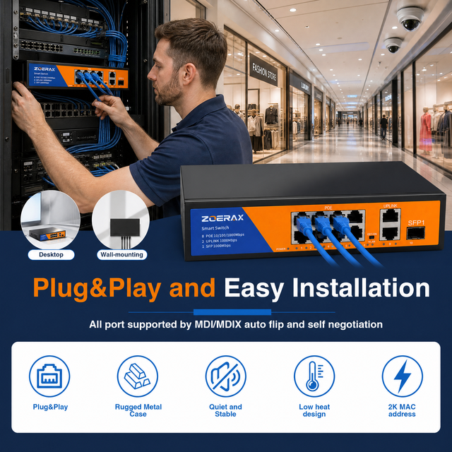 ZoeRax 8-Port Full Gigabit POE Switch,2 Uplink 1 SFP Port One-Click VLAN Auto MDI/MDIX Negotiation Plug and Play Ethernet Switch