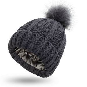 Satin Lined <b>Hats</b> Knitted <b>Beanies</b> With Detachable Pom Fur Girls Silk Lining Winter Stretchy Warm Casquette Chapeau Femme - Product Image 4
