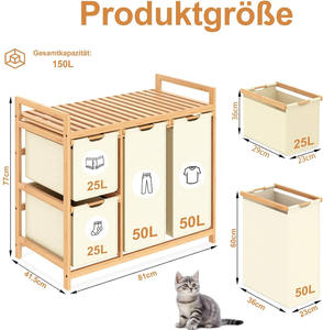 Panier à <span class=keywords><strong>linge</strong></span> à 3 compartiments, panier à <span class=keywords><strong>linge</strong></span> <span class=keywords><strong>de</strong></span> 150 L avec étagère, <span class=keywords><strong>chariot</strong></span> à <span class=keywords><strong>linge</strong></span> en bambou pour <span class=keywords><strong>linge</strong></span> <span class=keywords><strong>sale</strong></span> - Product Image 3