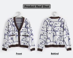 Custom Women <strong>Cat</strong> Print V-neck Nine Quarter Sleeve 100% Cotton Pockets Anti-Pilling Anti-Shrink Anti-Wrinkle Casual Knit <strong>Cardigan</strong> - Product Image 4