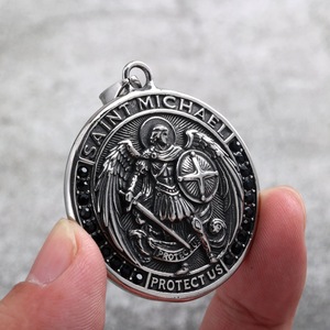 yunnique <b>St</b>. <b>Michael</b> Archangel Pendant <b>Necklace</b> Stainless Steel Men's Religious Charm With Black Stone Inlay Gift Jewelry - Product Image 4