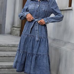 Vestido Midi Vaquero Lavado con Cinturón, Solapa y Volantes en Capas, Personalizado para Mujer - Product Image 5