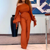 Combinaison décontractée d'été pour le bureau, grande taille africaine, à jambes larges, épaules dénudées, taille haute, avec manches lanternes respirantes