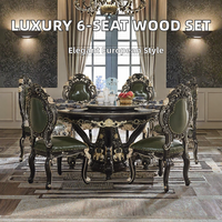 Table à manger de luxe française européenne avec 6 chaises en cuir, cadre en bois sculpté, plateau en marbre massif, ronde/carrée, pour appartement