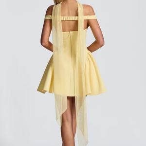 Robe de soirée respirante à col en V, unie/à pois, ornée de paillettes, avec ceinture, style décontracté, vente chaude, OEM - Product Image 2