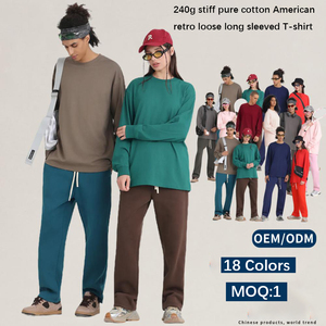 เสื้อยืด<span class=keywords><strong>แขน</strong></span><span class=keywords><strong>ยาว</strong></span>โอเวอร์ไซส์ผ้าคอตตอนหนา 240GSM แบบเรียบๆ สำหรับขายส่ง รับสกรีนโลโก้ด้วยเทคนิค DTG สไตล์อเมริกันวินเทจทรงหลวมสำหรับผู้ชาย - Product Image 1