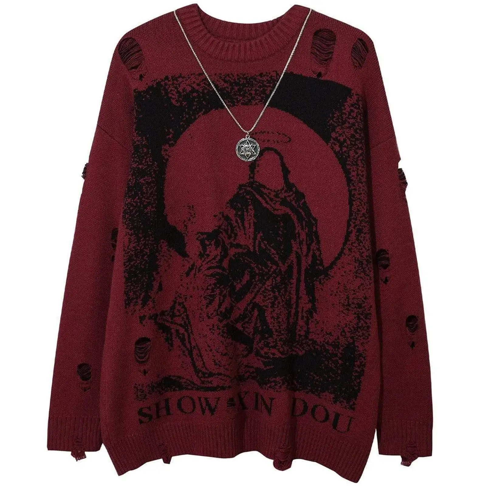 Custom Knitted Sweater Trendy Fashion Hip-hop Style Long Loose Print Hole Men's Sweater