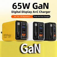 Chargeur rapide GaN 65W USB C et USB A avec écran numérique et câble rétractable pour ordinateur portable, téléphone, tablette, chargeur mural