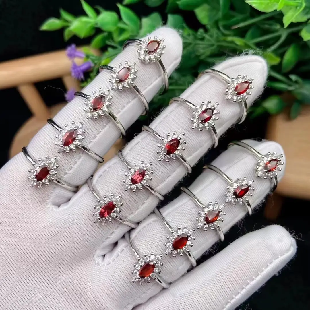 Groothandel Trendy Kleurrijke Verloving Bruiloft Sieraden Zilver Ingelegd Natuurlijke Granaat Steen Vinger Ring Voor Vrouwen