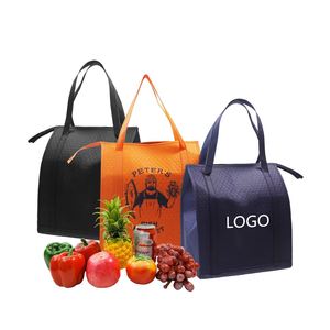 Sac isotherme réutilisable en tissu non tissé imperméable bleu foncé/orange à motif de lettres Sac de rangement alimentaire portable avec fermeture éclair Sac isotherme pour les courses - Product Image 6