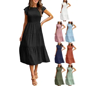 Stock Lot Wholesale Vestidos Ruffled Pleated Women Lady Elegant Summer Black Casual Long Dresses