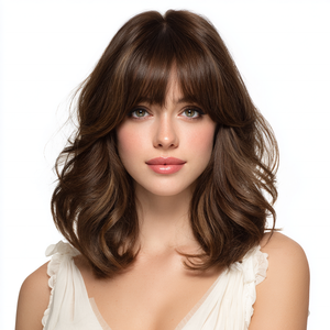 باروكة شعر قصير بني مموج 2026، شعر صناعي مقاوم للحرارة بطول الكتف مع غرة، شعر طبيعي متموج. طراز SM210-7 - Product Image 1