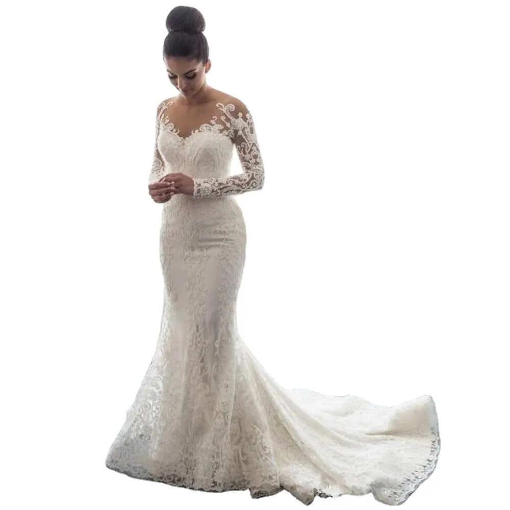 Свадебное платье с длинным рукавом, со съемным хвостом и аппликацией