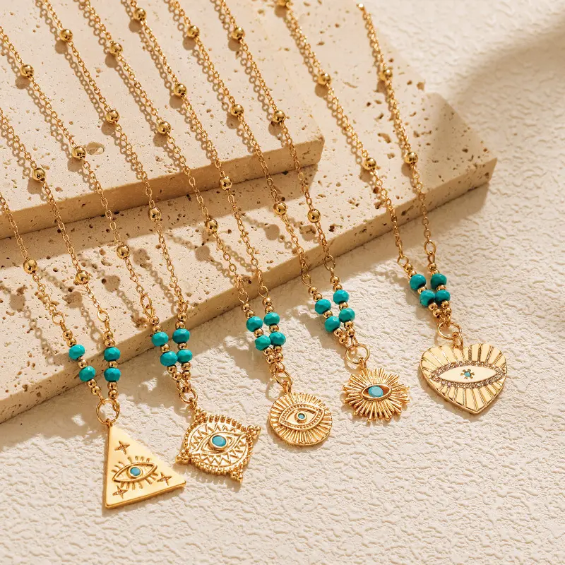 Mode Sieraden Ketting Rvs Turquoise Kralen Sun Triangle Star Boze Oog Alziend Oog Hanger Kettingen Voor Vrouwen