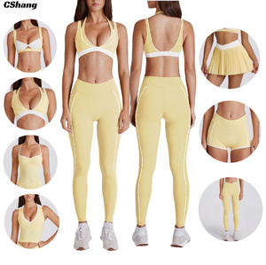 Ensemble de yoga et de fitness athlétique pour femmes avec logo personnalisé, design à col en V et devant torsadé, vêtements de sport à haute élasticité, tenue de sport pour la salle de sport, <span class=keywords><strong>7</strong></span> pièces - Product Image 1