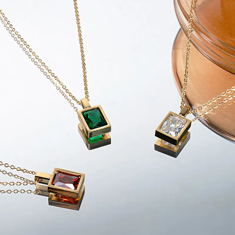 Collar cuadrado de acero y titanio chapado en oro de 14k con diamantes de alta calidad, cadena de bloqueo de collar de metal de 3 colores