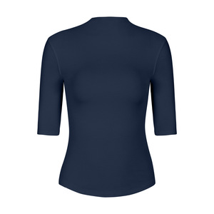 Haut de yoga modal SUHE TS-014 pour femme, col montant, coupe ajustée, manches courtes, couleur unie bleu marine, dos élégant boutonné, séchage rapide - Product Image 1