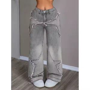 Jean cargo baggy en denim délavé à l'acide pour femme, style vintage, avec patchs étoiles et déchirures, collection Hot Sale - Product Image 3