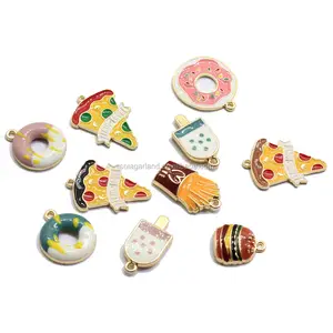 Donut Pizza Charms Flat Back Enamel Painted Popsicle Pendant Alloy Zinc Ornament for Girls Children Earring Making