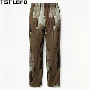 Pantalones Plisados de Camuflaje Personalizados para Hombre, Color Marrón Crema, Estampado de Tonos Tierra, Pierna Recta, Cintura Elástica, Estilo Urbano Y2K, Venta al Por Mayor - Product Image 5