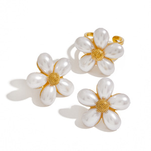 Pearl Flower <b>Open</b> <b>Ring</b> Gold Plated Five Petal Women's Jewelry Everyday Wear - Product Image 5