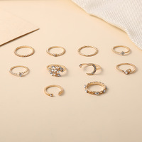 Ensemble de bagues de phalange ajustables en or plaqué or pour femmes, avec cœur et lune, serties de diamants