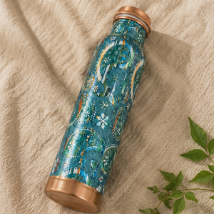 Teal Paisley Printed Pure Copper Water <b>Bottle</b> For Ayurvedic Health Benefits Handcrafted Leakproof Sports <b>Flask</b> Traditional - Product Image 1