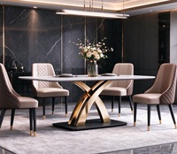 Meubles de salle à manger modernes pour la maison, table à manger en pierre frittée brillante, pieds en acier inoxydable doré, chaises de salle à manger rembourrées en PU, ensemble de 4 pièces