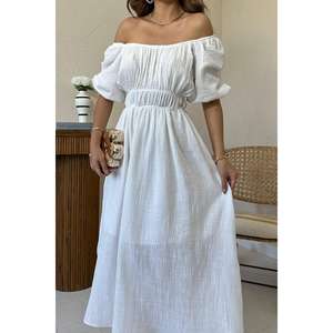 Vestido blanco de lino con hombros descubiertos, cintura elástica, ajuste holgado, transpirable, informal, para uso diario, tela tejida, estilo sencillo - Product Image 2