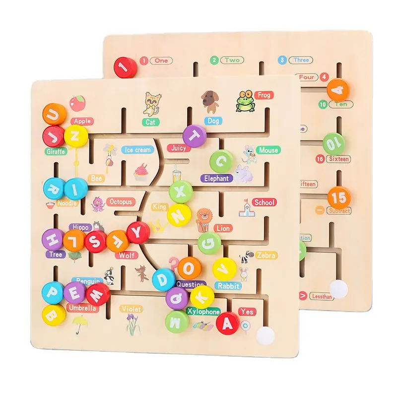 Crianças Montessori Early Learning Brinquedos Números Alfabeto Ortografia Madeira Deslizante Labirinto Puzzle