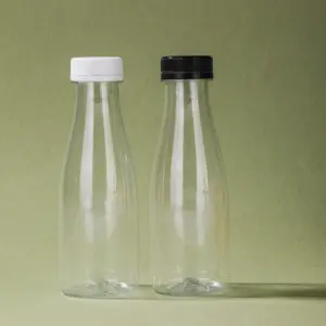 Boş gıda sınıfı PET plastik 12 oz 350ml yalnız boyun süt suyu Cosmo yuvarlak şişeler toplu paketi ile siyah standart kap